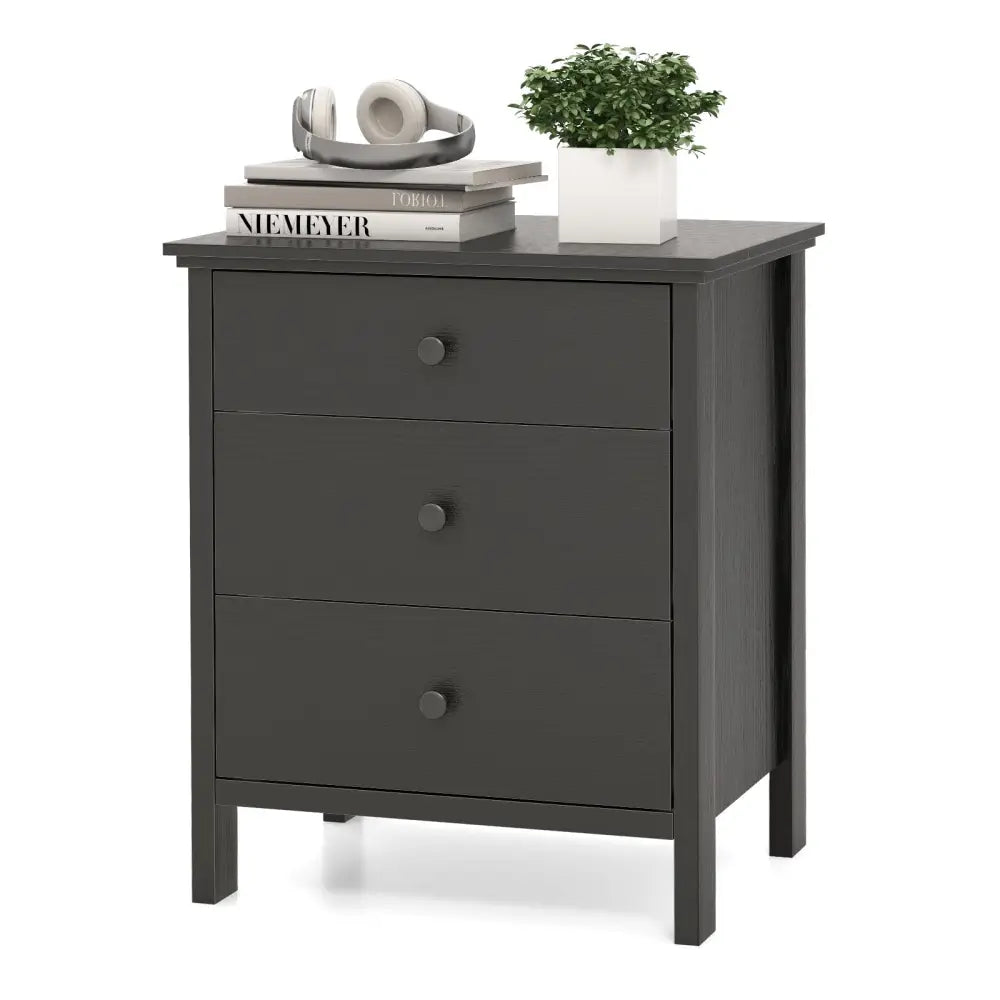3-Drawer Wooden Nightstand Modern Bedside Table-Black - Black - Bedroom