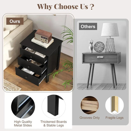3-Drawer Wooden Nightstand Modern Bedside Table-Black - Black - Bedroom