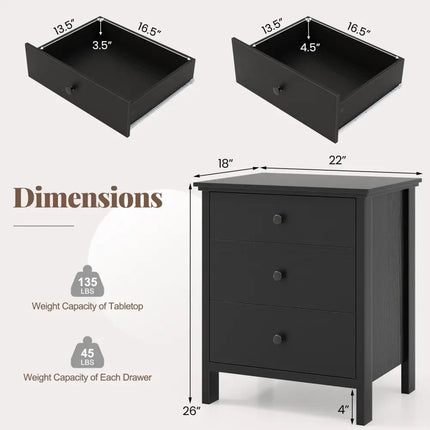 3-Drawer Wooden Nightstand Modern Bedside Table-Black - Black - Bedroom