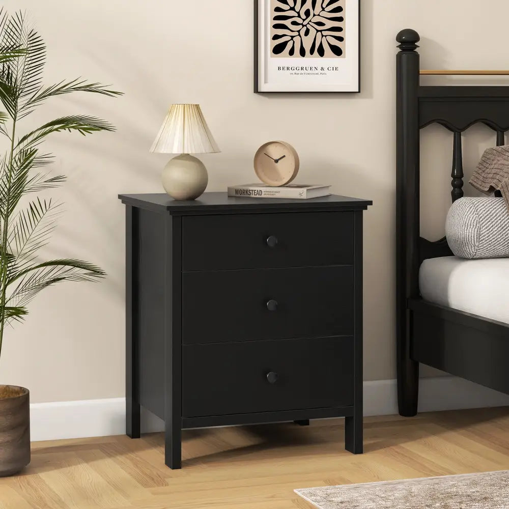 3-Drawer Wooden Nightstand Modern Bedside Table-Black - Black - Bedroom