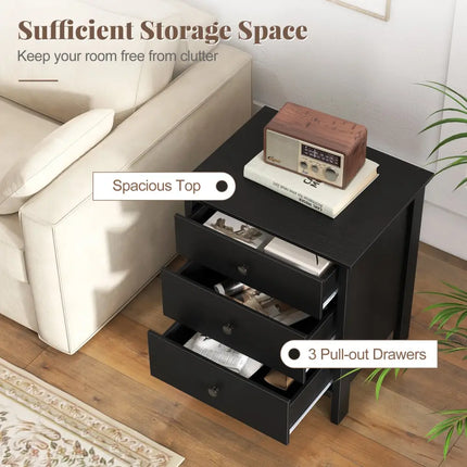 3-Drawer Wooden Nightstand Modern Bedside Table-Black - Black - Bedroom