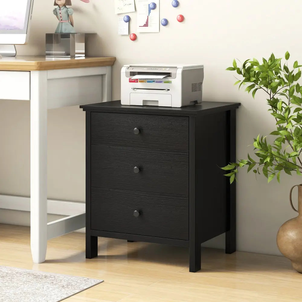 3-Drawer Wooden Nightstand Modern Bedside Table-Black - Black - Bedroom