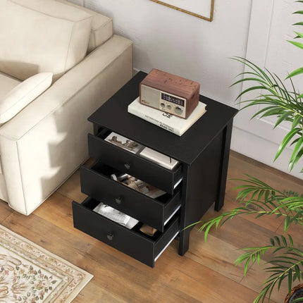 3-Drawer Wooden Nightstand Modern Bedside Table-Black - Black - Bedroom
