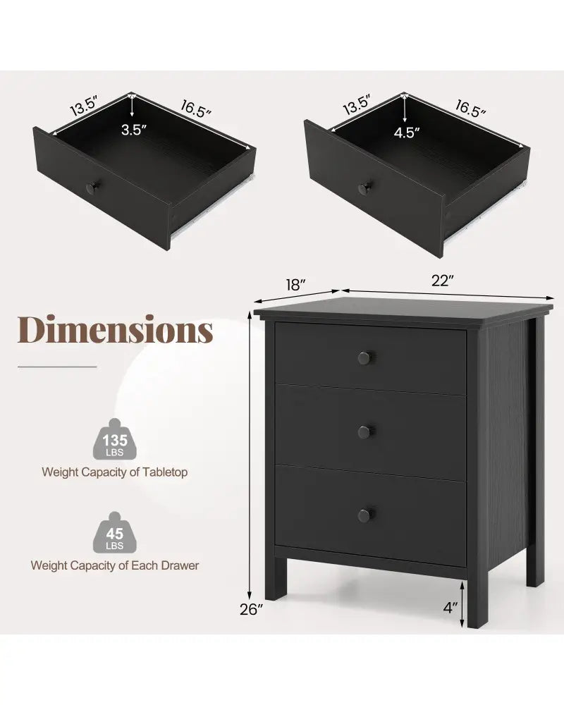 3-Drawer Wooden Nightstand Modern Bedside Table-Black - Black - Nightstands