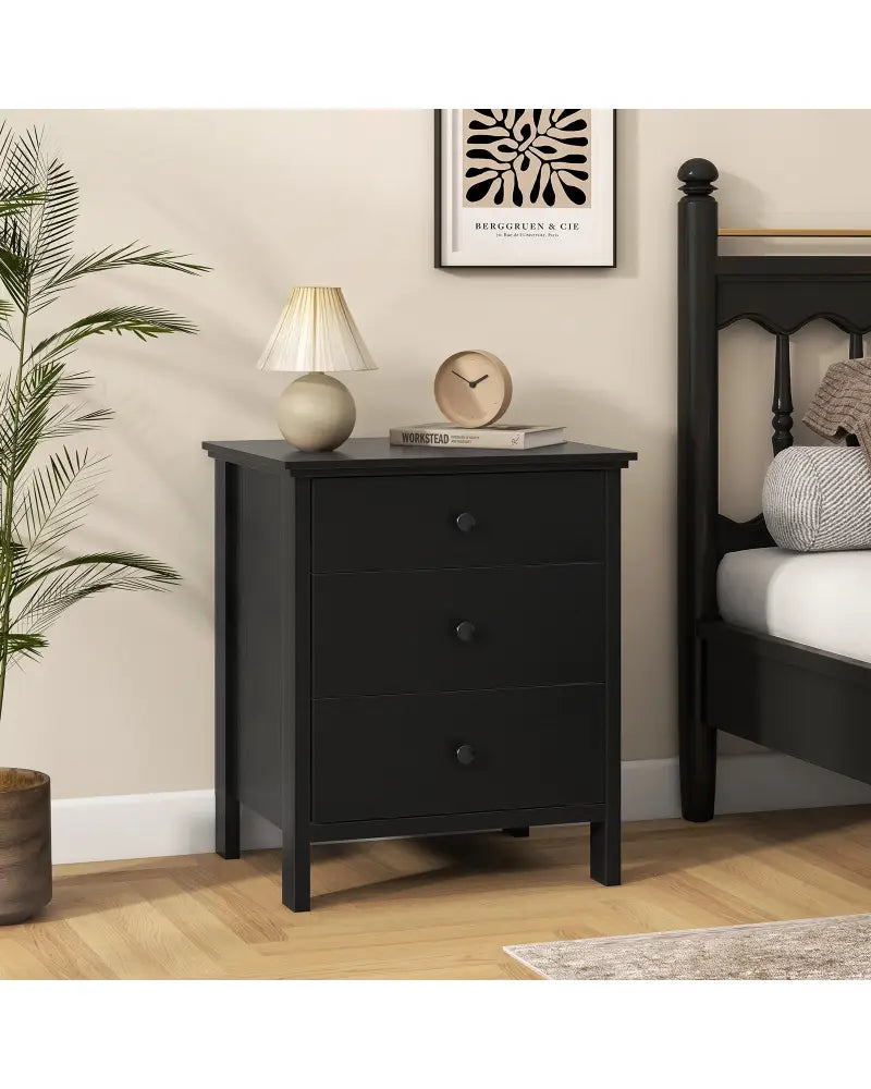 3-Drawer Wooden Nightstand Modern Bedside Table-Black - Black - Nightstands