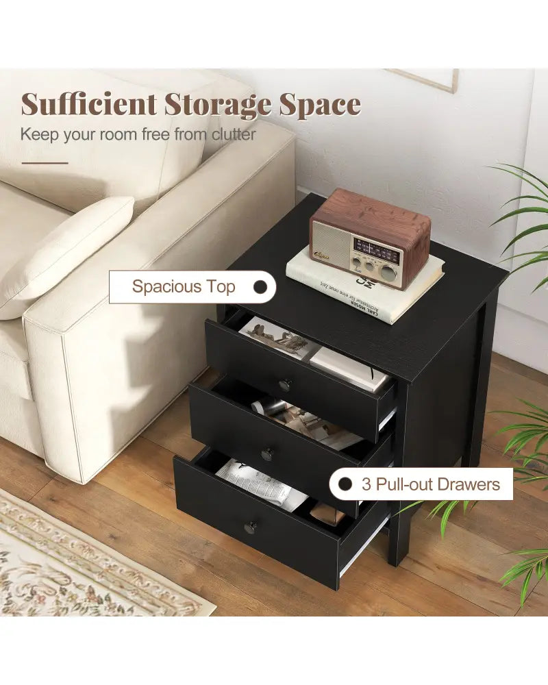 3-Drawer Wooden Nightstand Modern Bedside Table-Black - Black - Nightstands