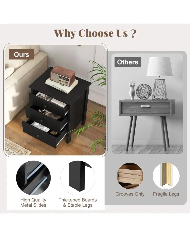 3-Drawer Wooden Nightstand Modern Bedside Table-Black - Black - Nightstands