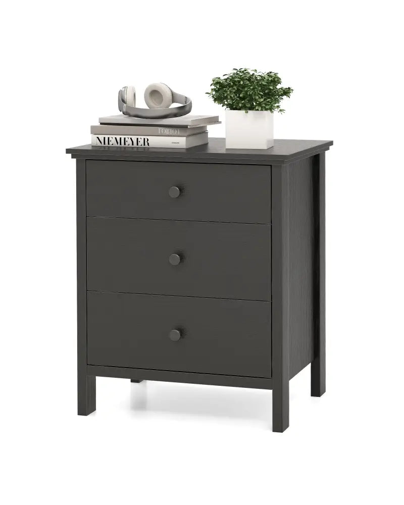 3-Drawer Wooden Nightstand Modern Bedside Table-Black - Black - Nightstands