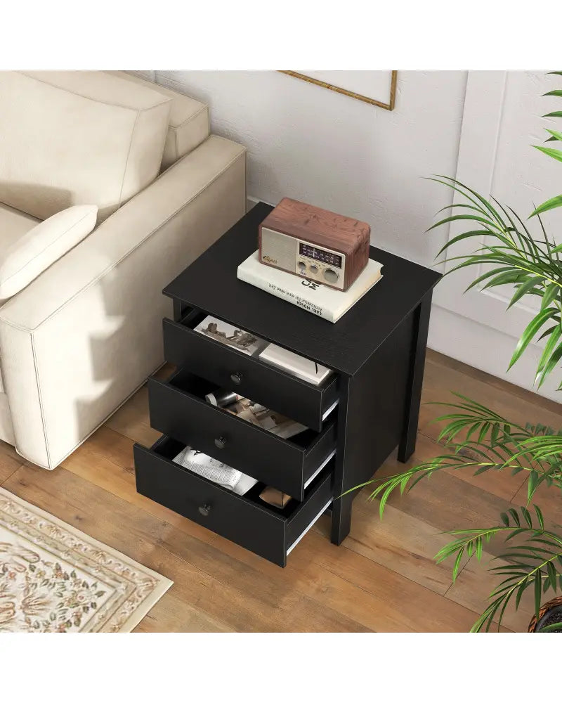 3-Drawer Wooden Nightstand Modern Bedside Table-Black - Black - Nightstands