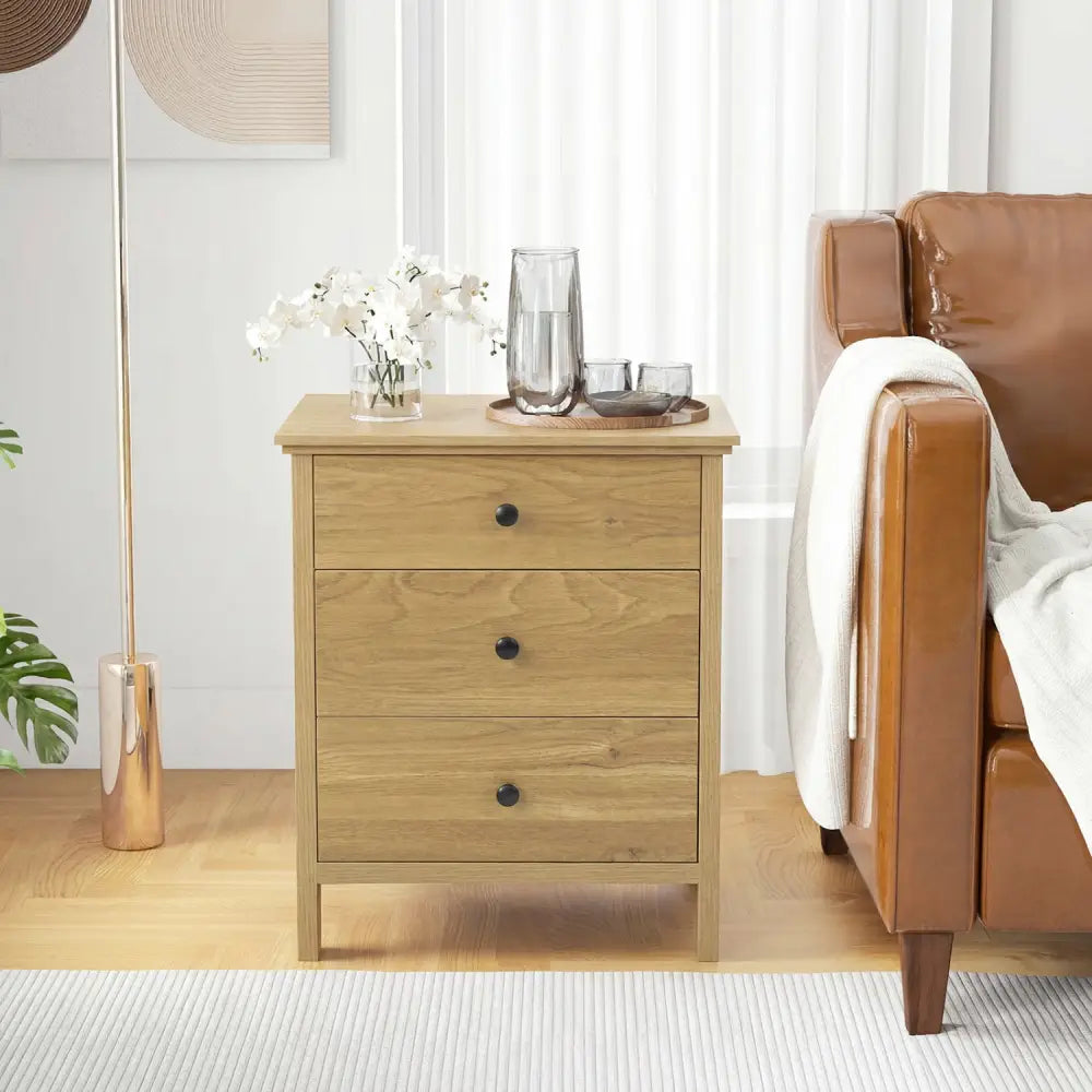 3-Drawer Wooden Nightstand Modern Bedside Table-Natural - Natural - Nightstands