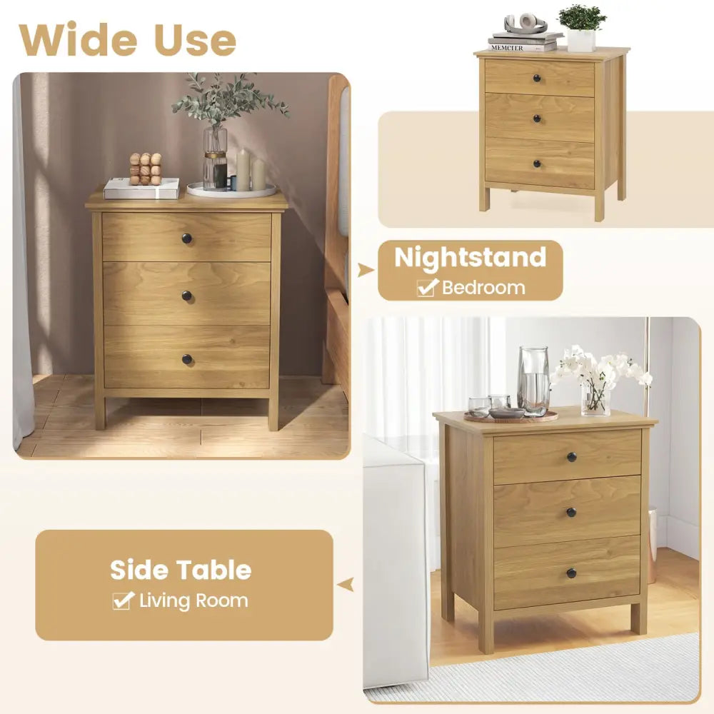 3-Drawer Wooden Nightstand Modern Bedside Table-Natural - Natural - Nightstands