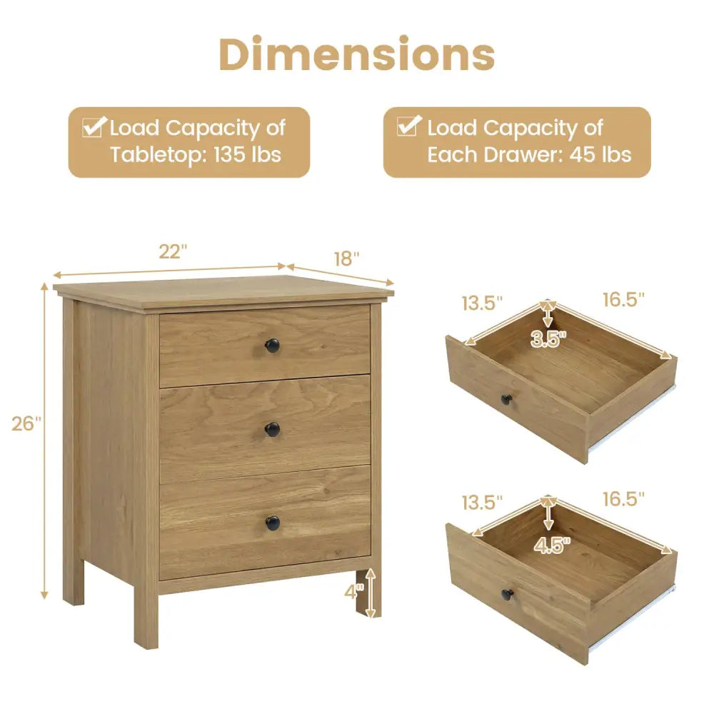 3-Drawer Wooden Nightstand Modern Bedside Table-Natural - Natural - Nightstands