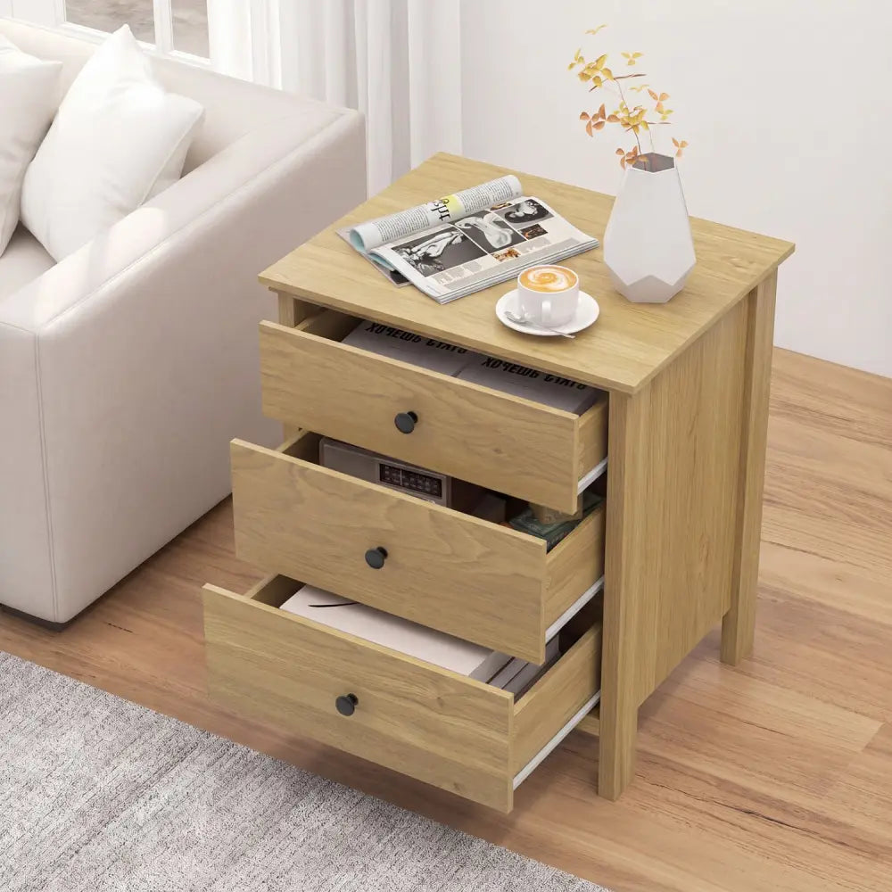 3-Drawer Wooden Nightstand Modern Bedside Table-Natural - Natural - Nightstands