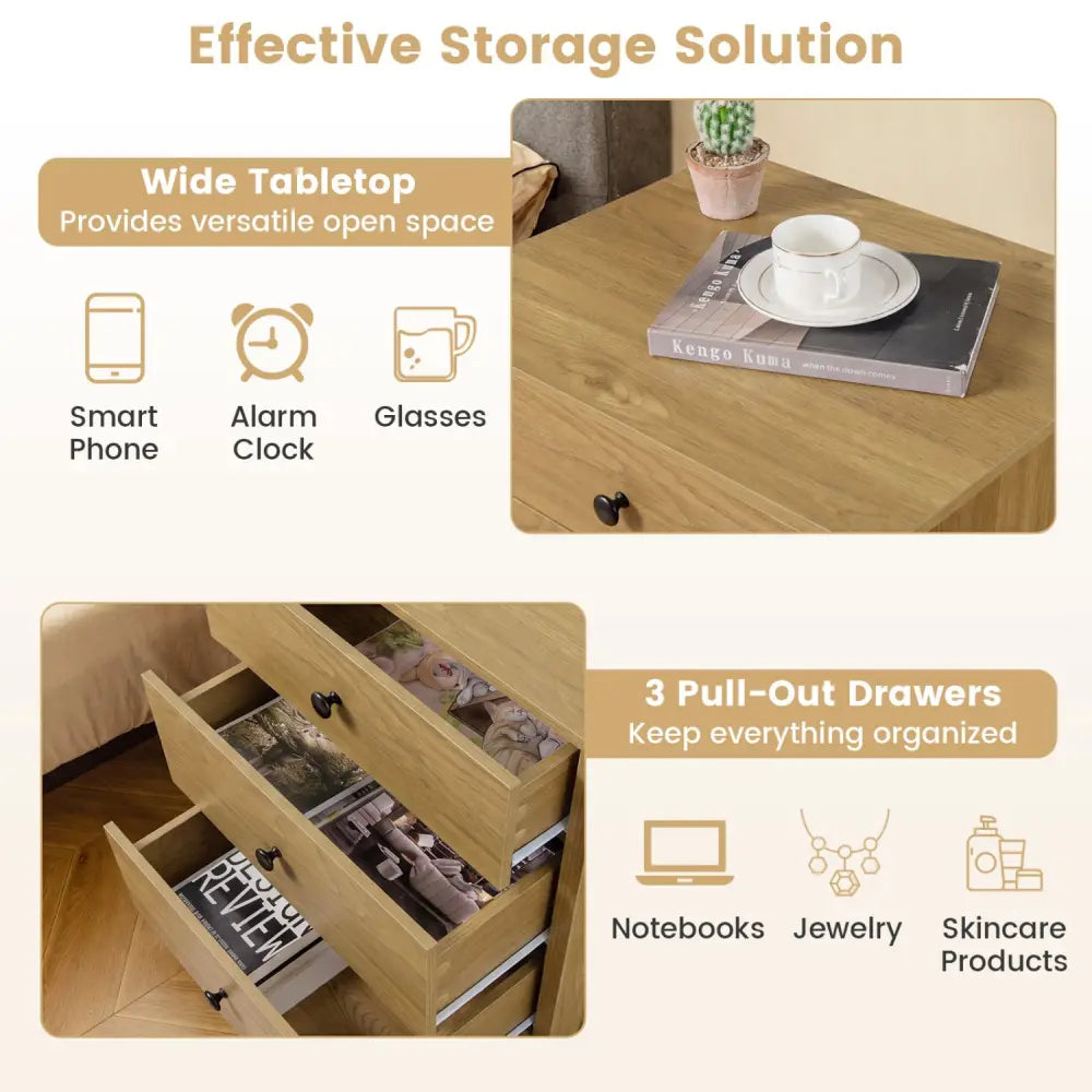 3-Drawer Wooden Nightstand Modern Bedside Table-Natural - Natural - Nightstands