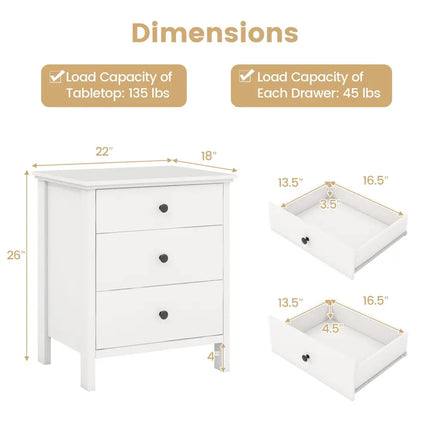 3-Drawer Wooden Nightstand Modern Bedside Table-White - White - Bedroom