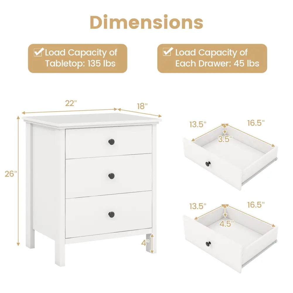 3-Drawer Wooden Nightstand Modern Bedside Table-White - White - Bedroom