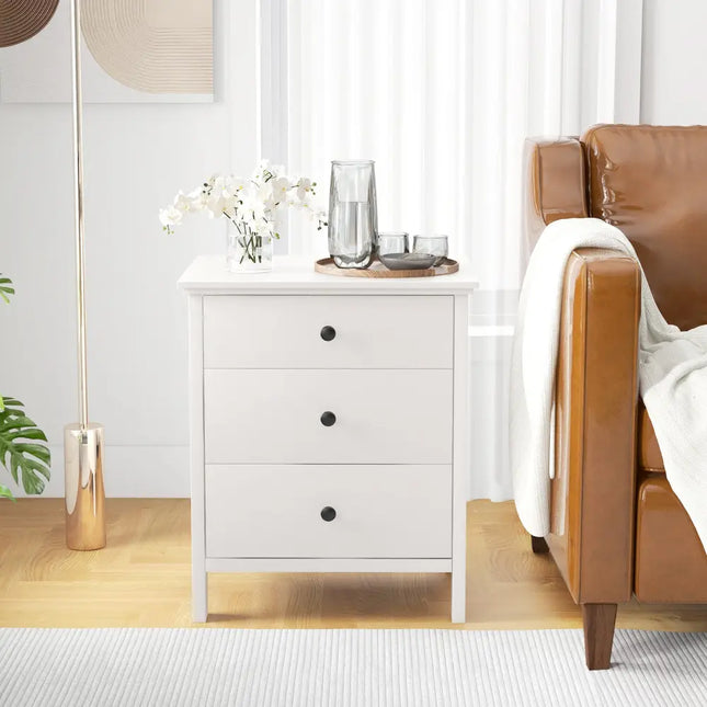 3-Drawer Wooden Nightstand Modern Bedside Table-White - White - Bedroom