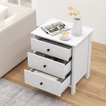 3-Drawer Wooden Nightstand Modern Bedside Table-White - White - Bedroom