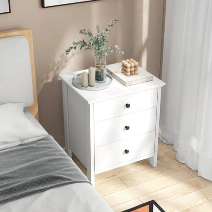 3-Drawer Wooden Nightstand Modern Bedside Table-White - White - Bedroom