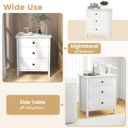3-Drawer Wooden Nightstand Modern Bedside Table-White - White - Bedroom