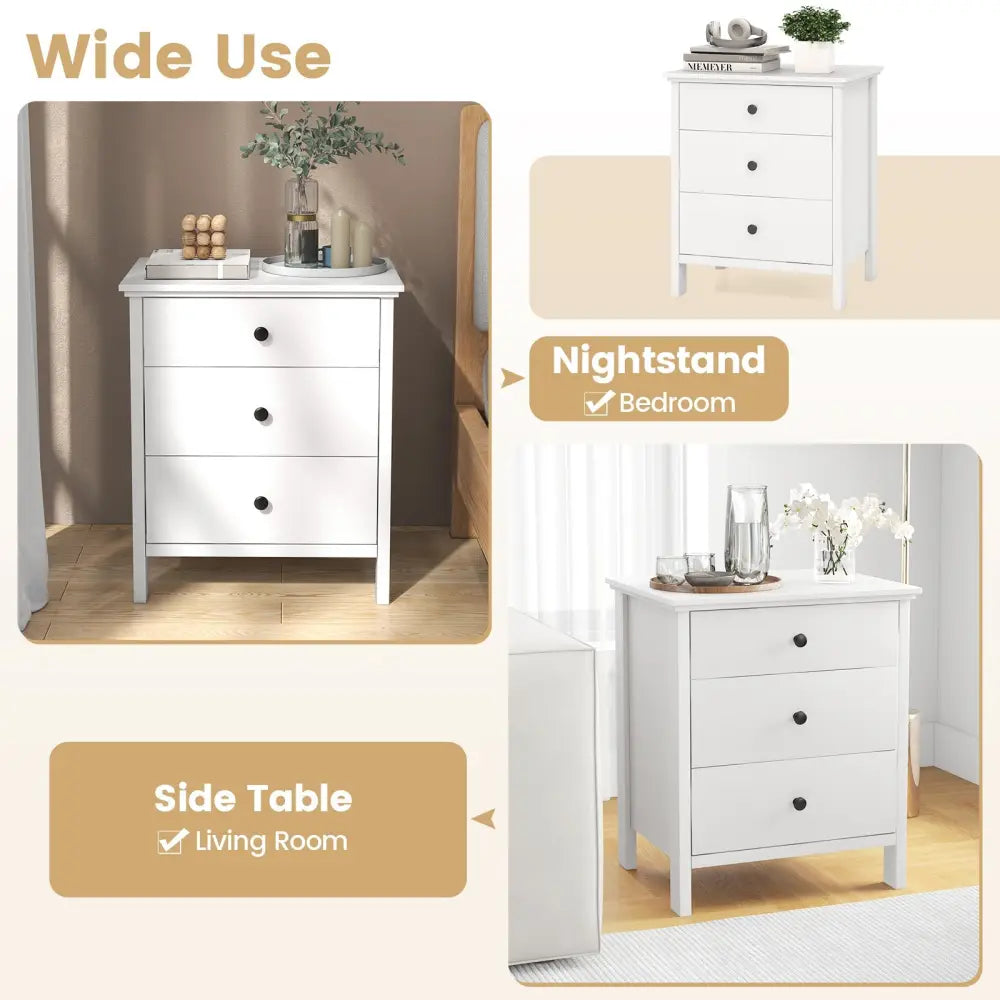 3-Drawer Wooden Nightstand Modern Bedside Table-White - White - Bedroom