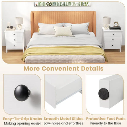 3-Drawer Wooden Nightstand Modern Bedside Table-White - White - Bedroom