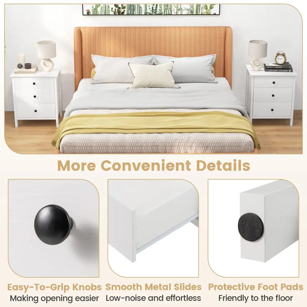 3-Drawer Wooden Nightstand Modern Bedside Table-White - White - Bedroom