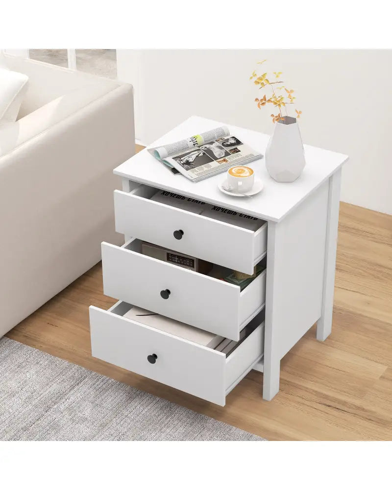 3-Drawer Wooden Nightstand Modern Bedside Table-White - White - Nightstands