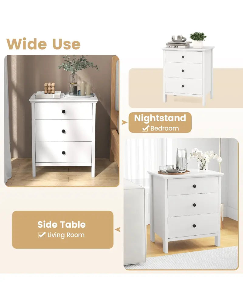 3-Drawer Wooden Nightstand Modern Bedside Table-White - White - Nightstands
