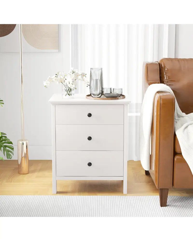 3-Drawer Wooden Nightstand Modern Bedside Table-White - White - Nightstands