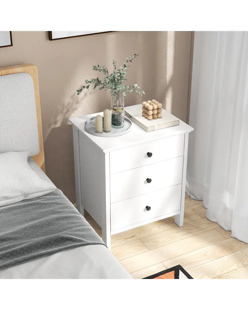 3-Drawer Wooden Nightstand Modern Bedside Table-White - White - Nightstands