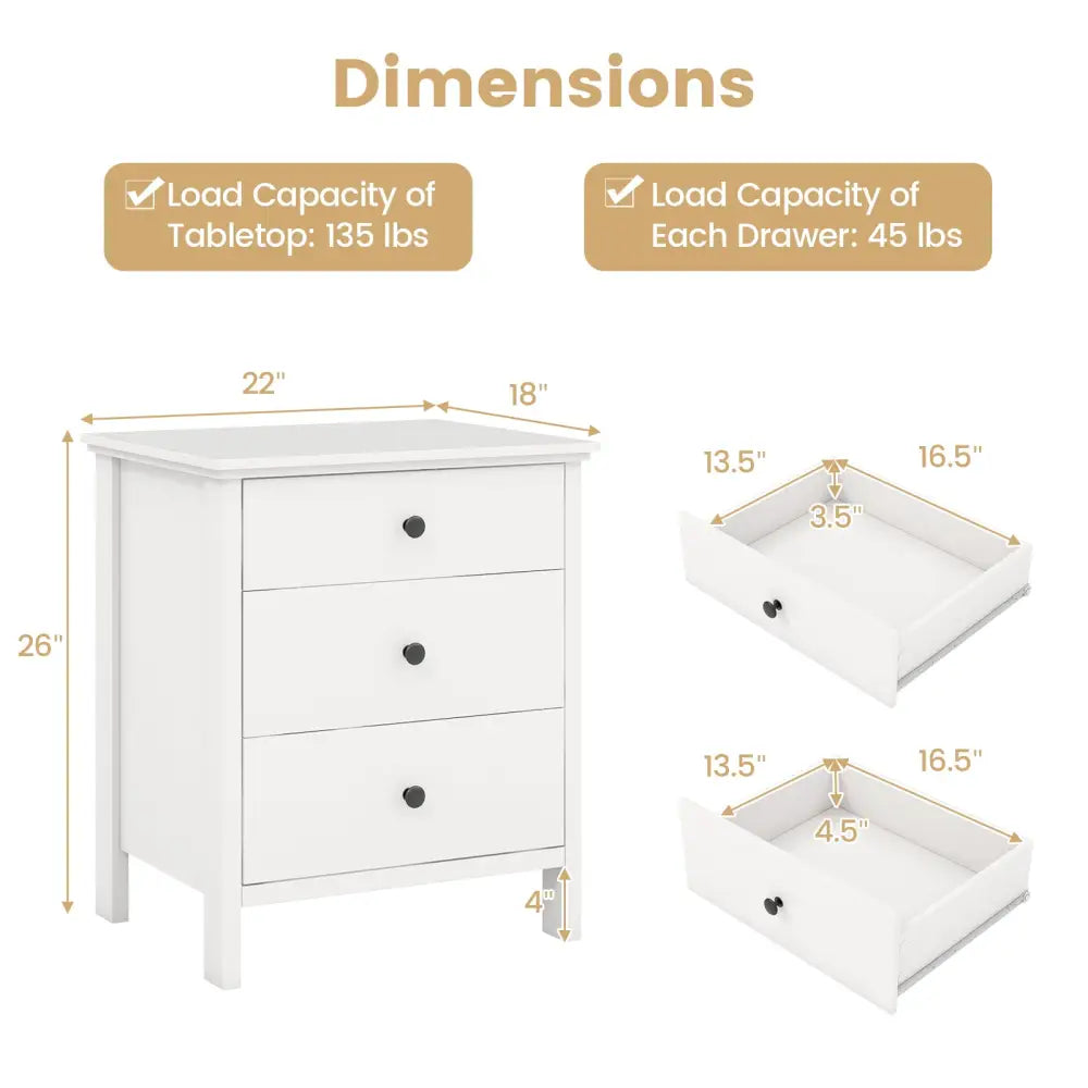 3-Drawer Wooden Nightstand Modern Bedside Table-White - White - Nightstands