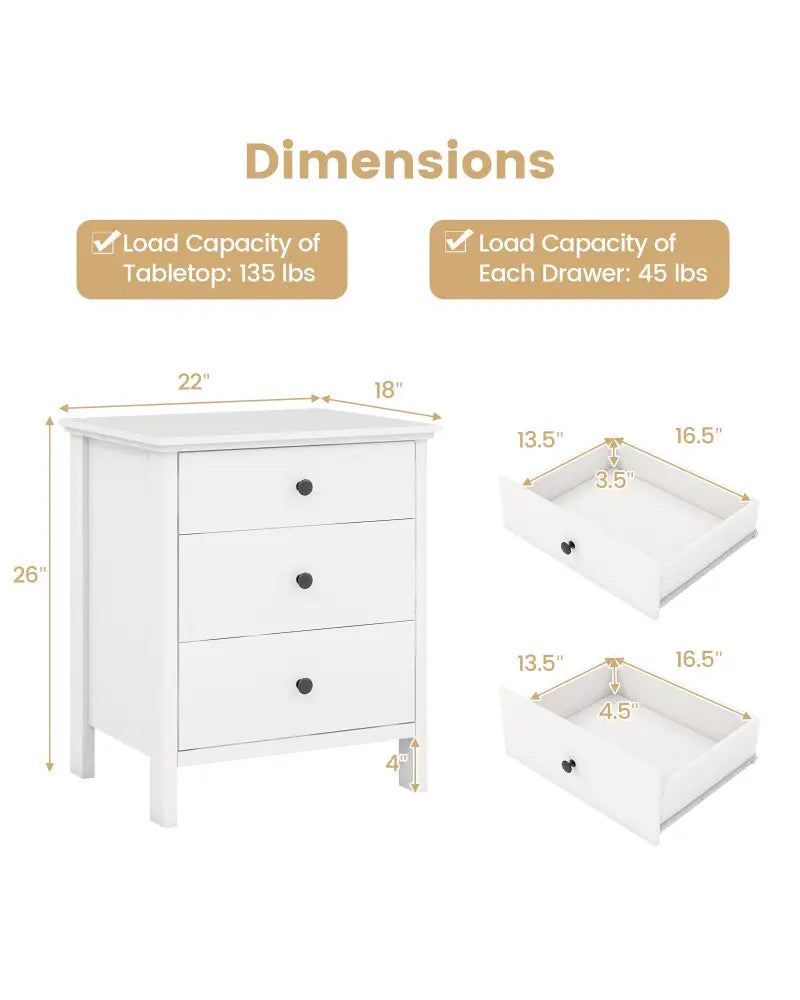 3-Drawer Wooden Nightstand Modern Bedside Table-White - White - Nightstands