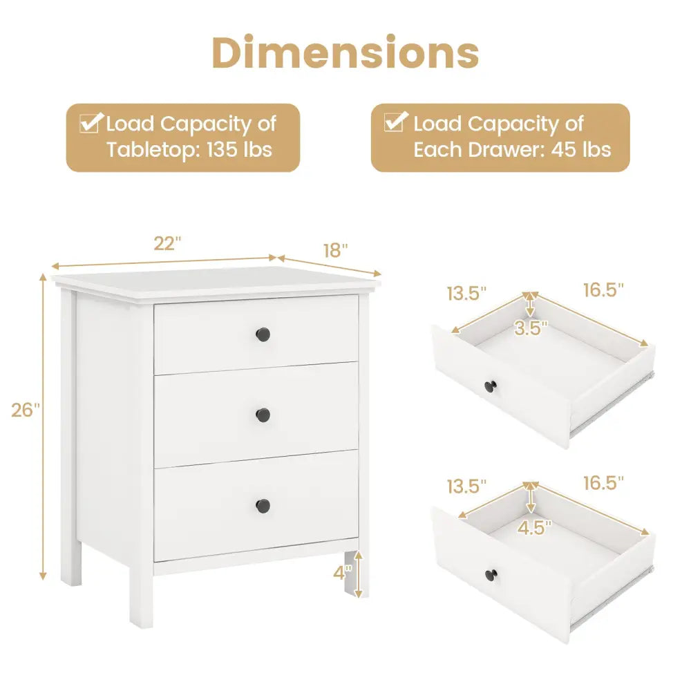 3-Drawer Wooden Nightstand Modern Bedside Table-White - White - Nightstands