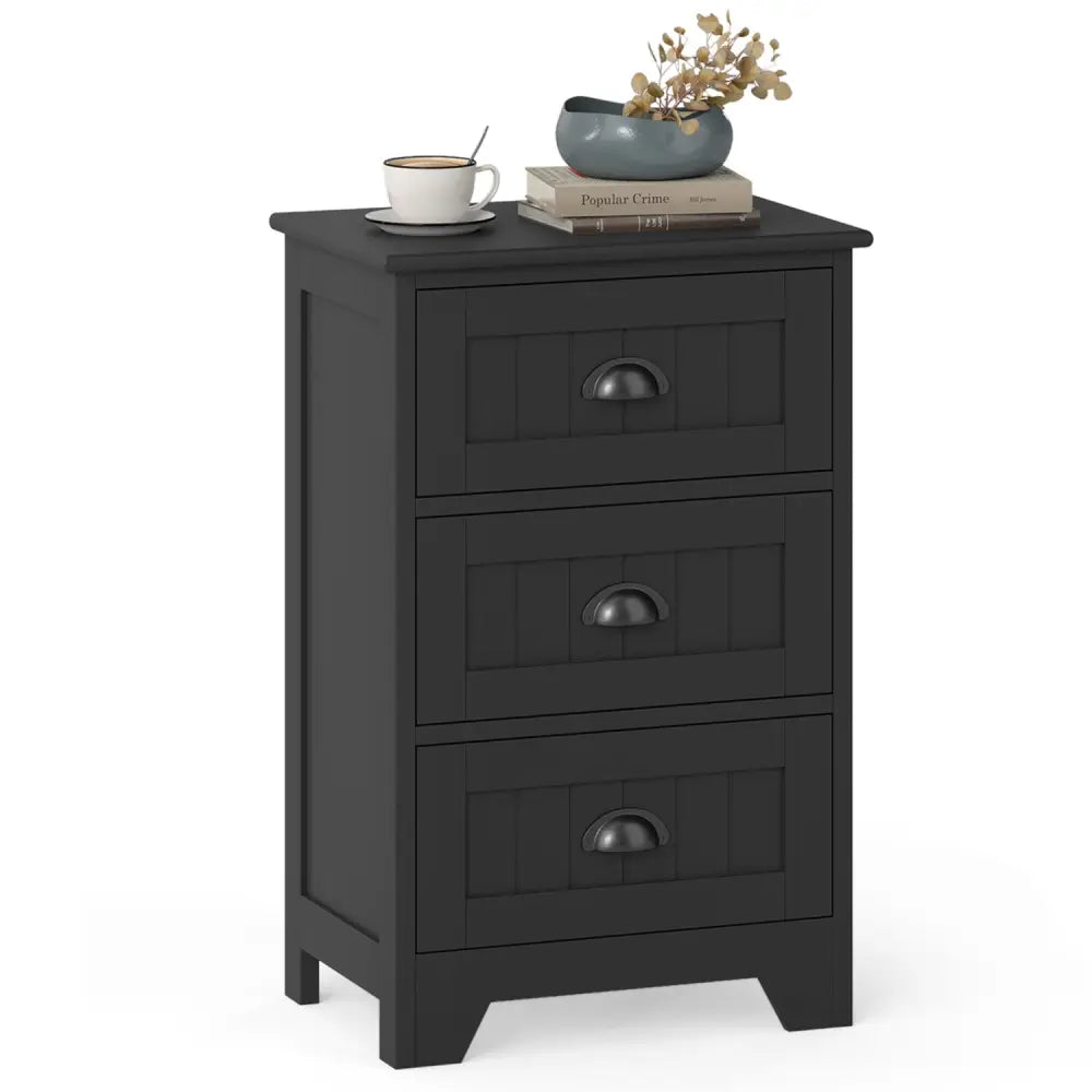 3 Drawers End Storage Wood Side Nightstand-Black - Black - Nightstands