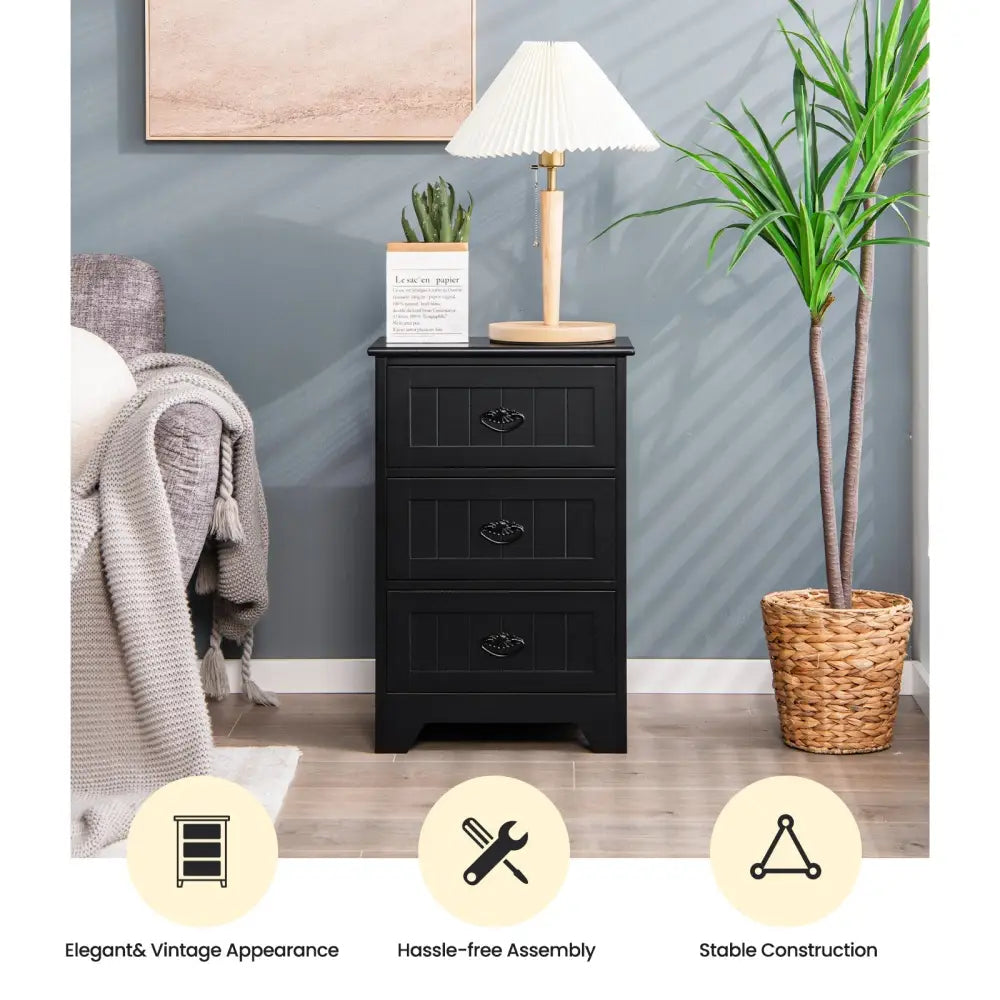 3 Drawers End Storage Wood Side Nightstand-Black Costway