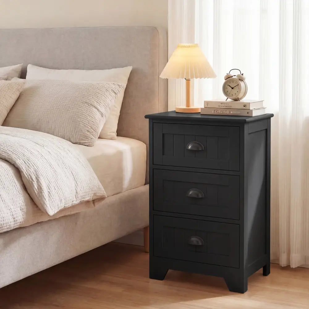 3 Drawers End Storage Wood Side Nightstand-Black - Black - Nightstands