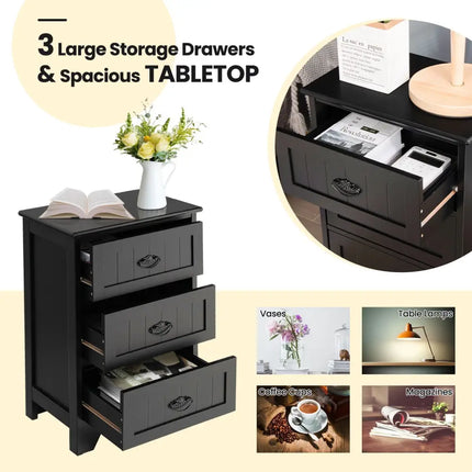 3 Drawers End Storage Wood Side Nightstand-Black Costway