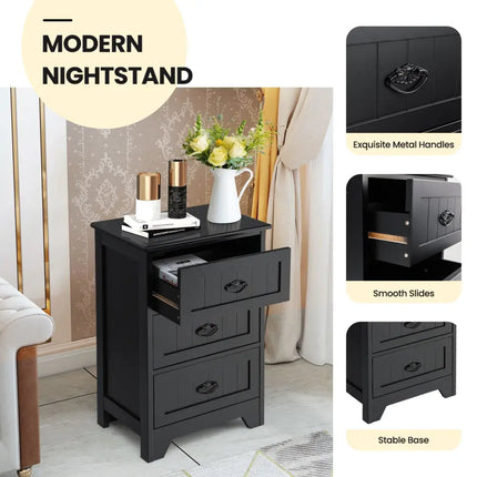 3 Drawers End Storage Wood Side Nightstand-Black Costway