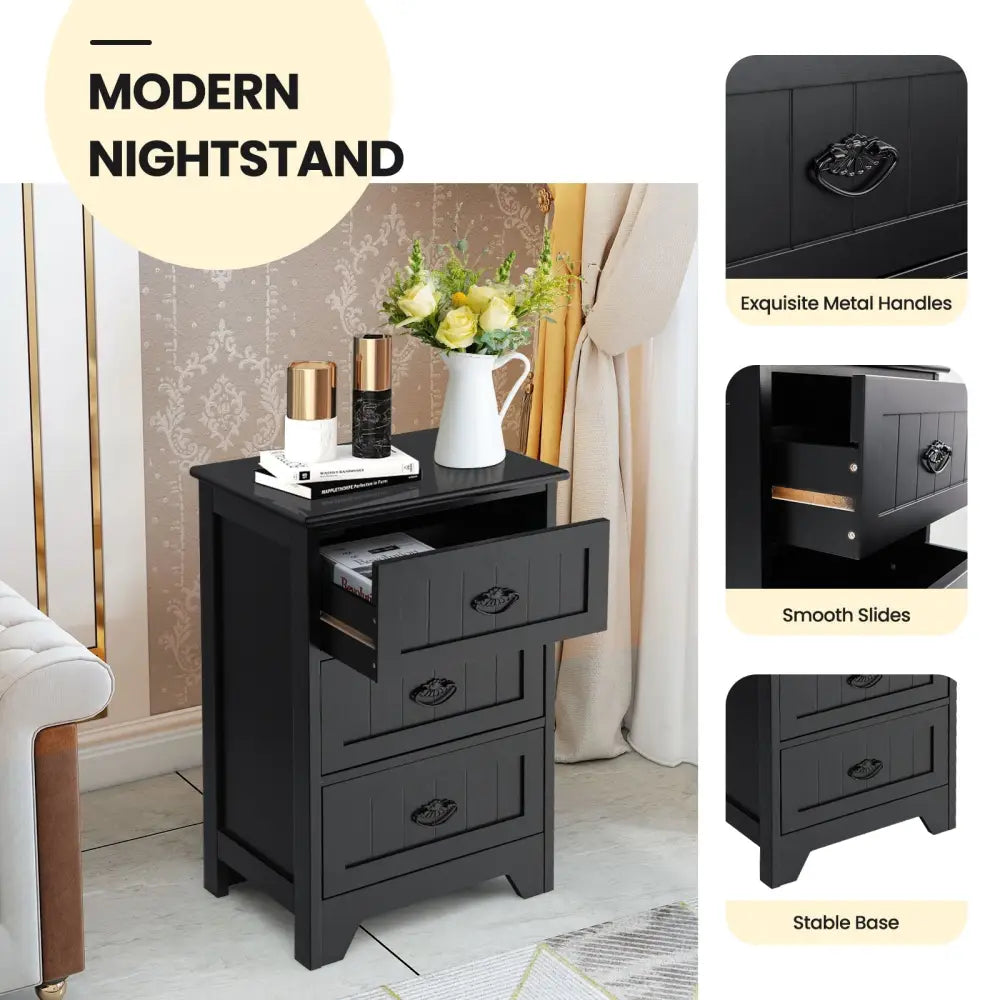 3 Drawers End Storage Wood Side Nightstand-Black Costway