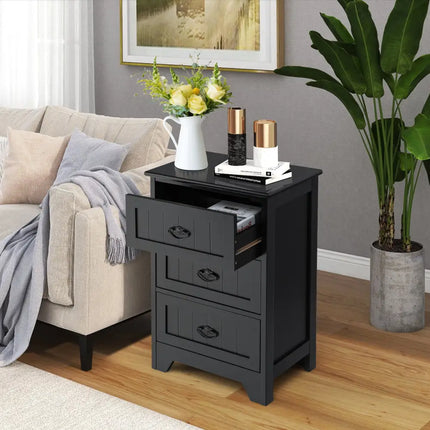 3 Drawers End Storage Wood Side Nightstand-Black Costway