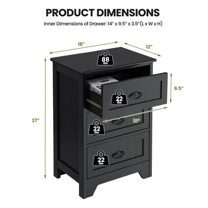 3 Drawers End Storage Wood Side Nightstand-Black Costway