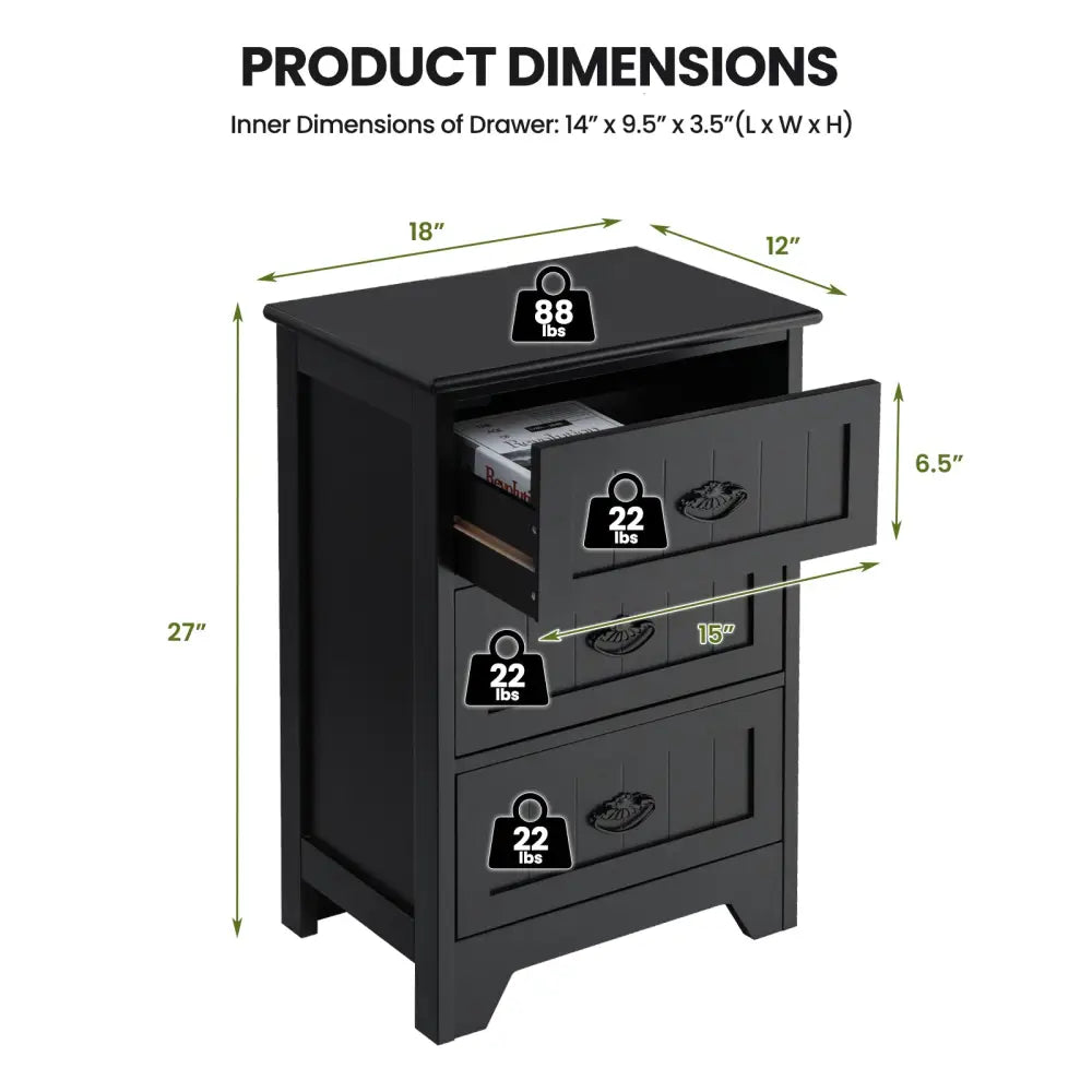 3 Drawers End Storage Wood Side Nightstand-Black Costway