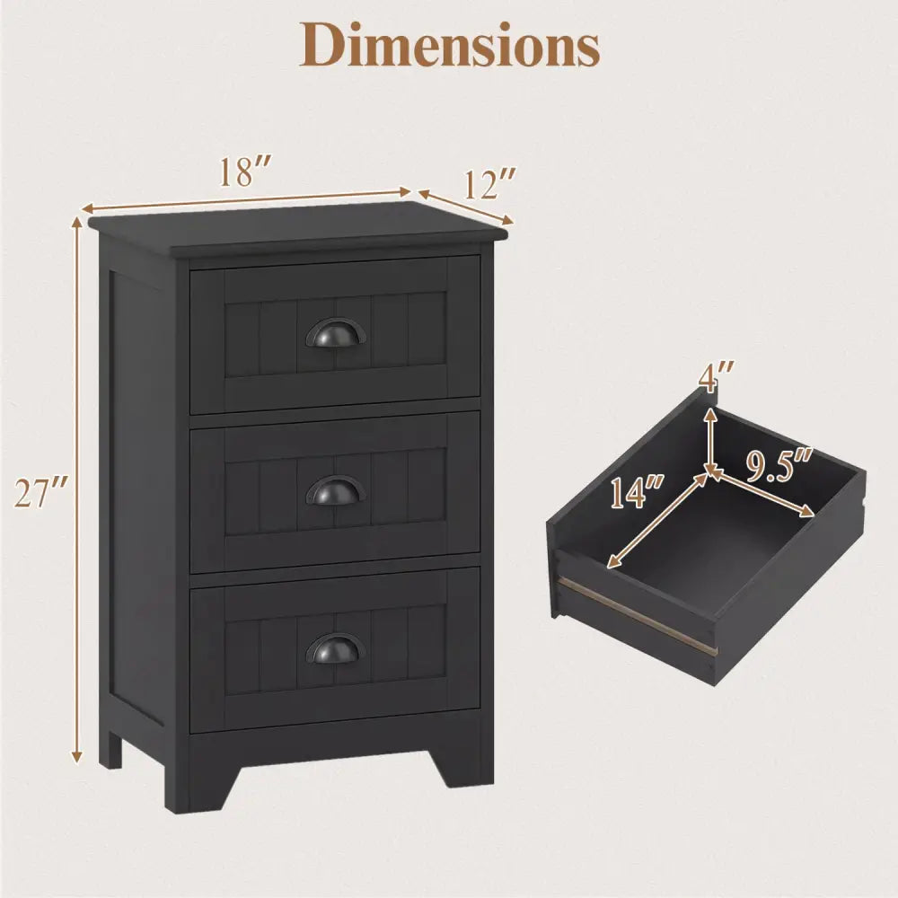 3 Drawers End Storage Wood Side Nightstand-Black - Black - Nightstands