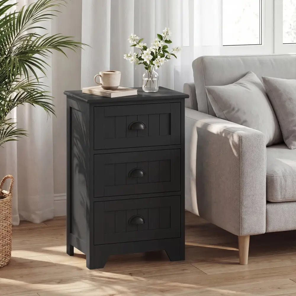 3 Drawers End Storage Wood Side Nightstand-Black - Black - Nightstands