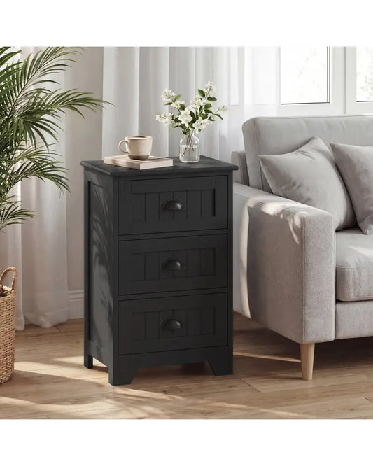 3 Drawers End Storage Wood Side Nightstand-Black - Black - Nightstands