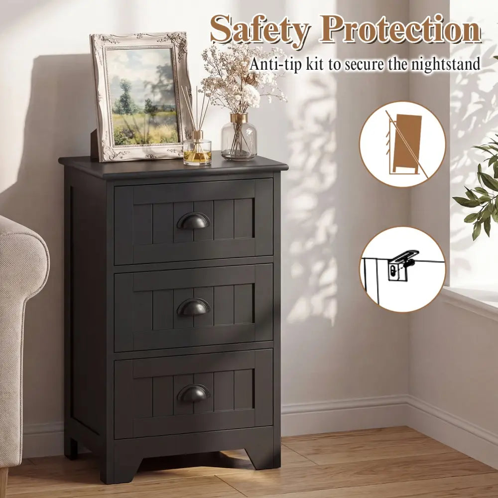 3 Drawers End Storage Wood Side Nightstand-Black - Black - Nightstands