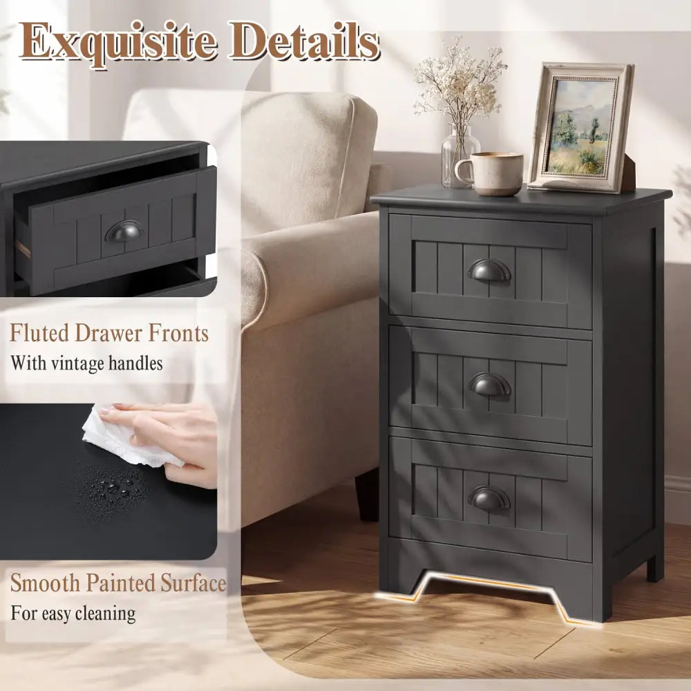 3 Drawers End Storage Wood Side Nightstand-Black - Black - Nightstands