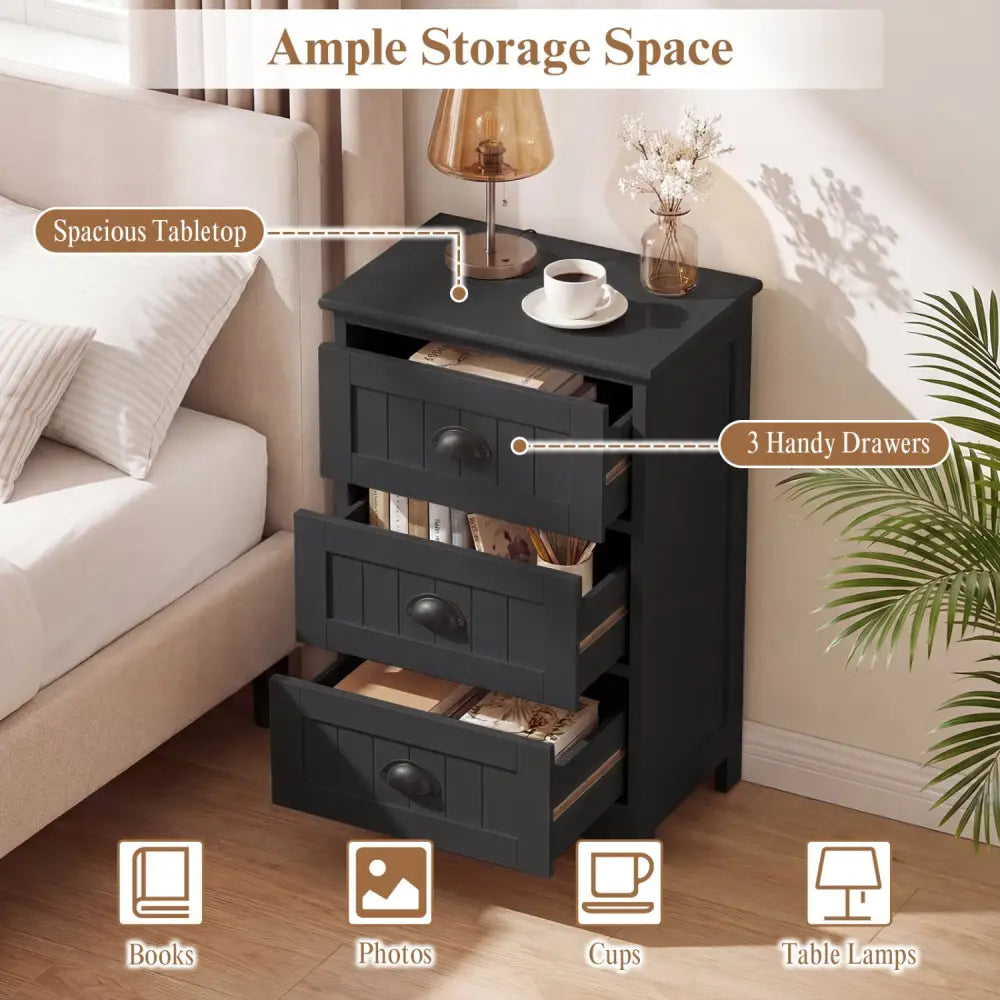 3 Drawers End Storage Wood Side Nightstand-Black - Black - Nightstands