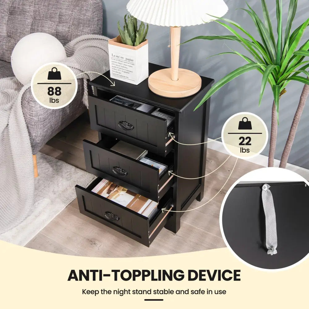 3 Drawers End Storage Wood Side Nightstand-Black Costway